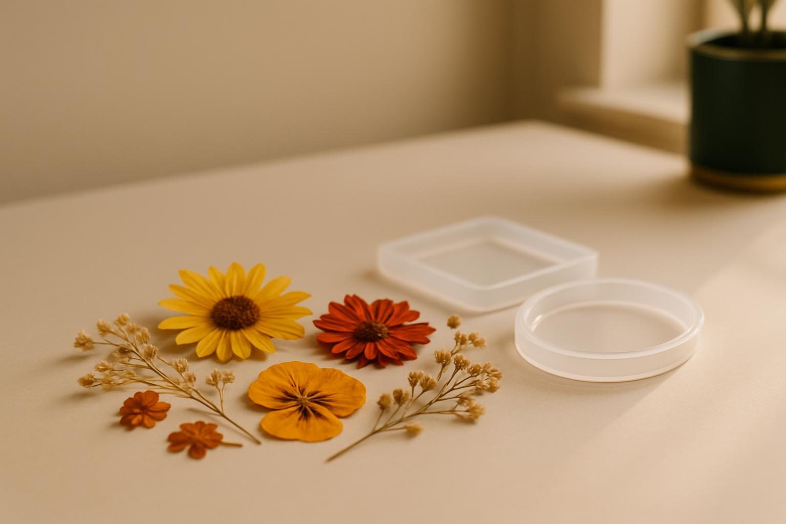 Flores desidratadas e moldes de silicone sobre uma mesa de artesanato para peças de resina