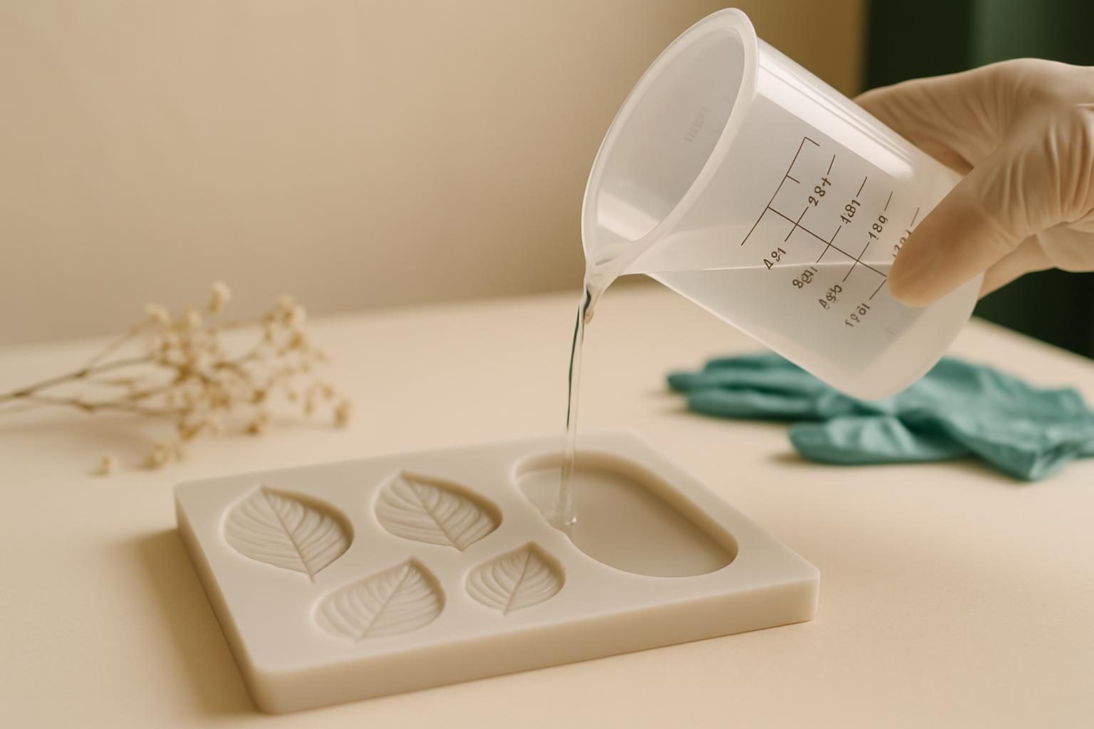 Molde de silicone e copo medidor com água sobre bancada de artesanato para calcular o volume de resina