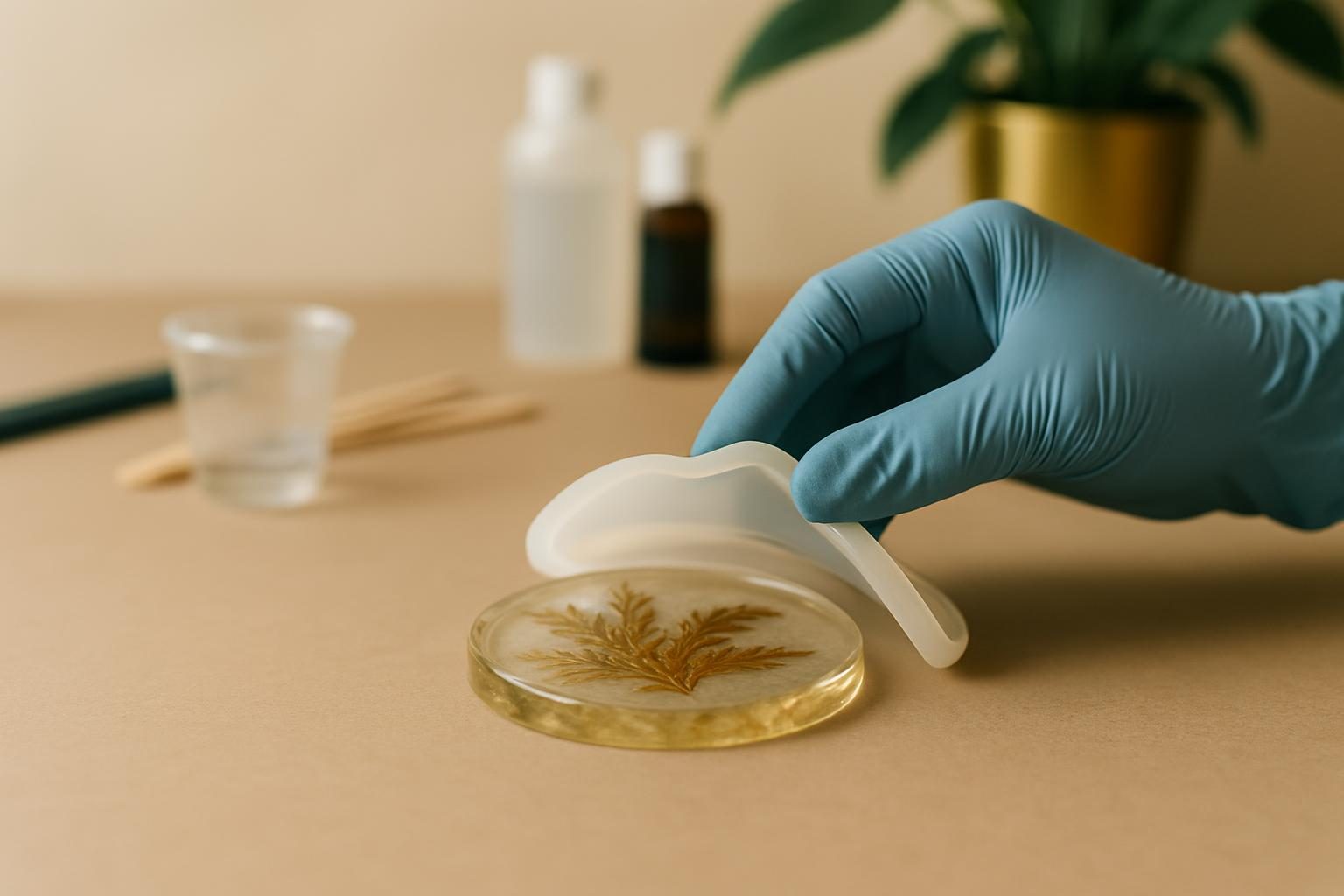 Peça de resina sendo desmoldada com cuidado de um molde de silicone por mão com luva nitrílica